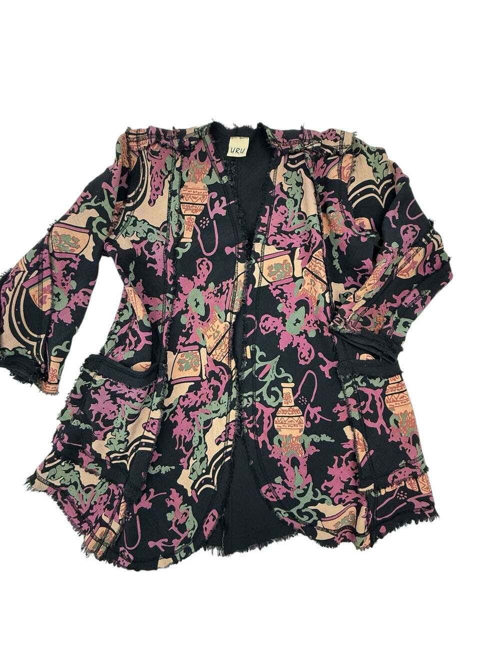 URU Raw Edge Silk Rayon Blend Abstract Pattern Cardigan Open Kimono Jacket L